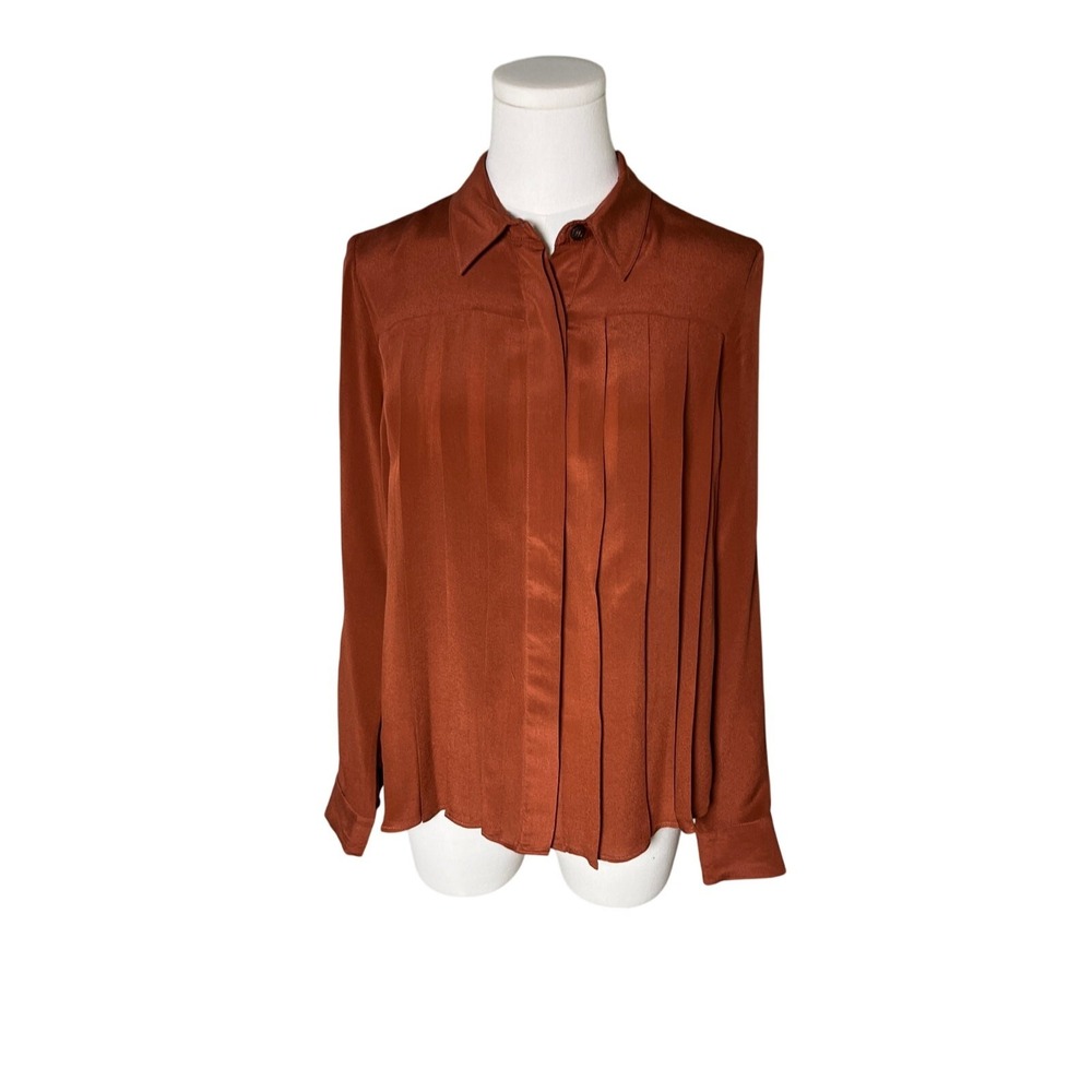 Women's Rust Pleated Button-Front Blouse - Picture 6 of 10